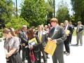 Members wait to get into the State Capitol building.