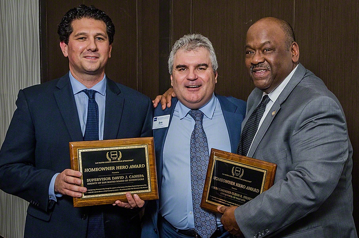 2018 Homeowner Hero Award winners County Supervisor David Canepa and Daly City Councilmember Glenn Sylvester with 2018 SAMCAR President Eric W. Berggren