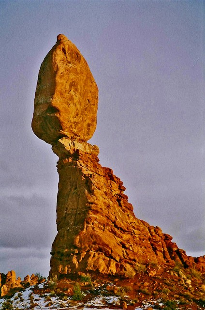 Setting sun on Balanced Rock, Arches National Park, Utah