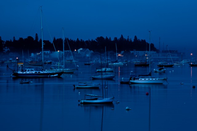Sailboats and harbor lights, Southwest Harbor, Maine Coast