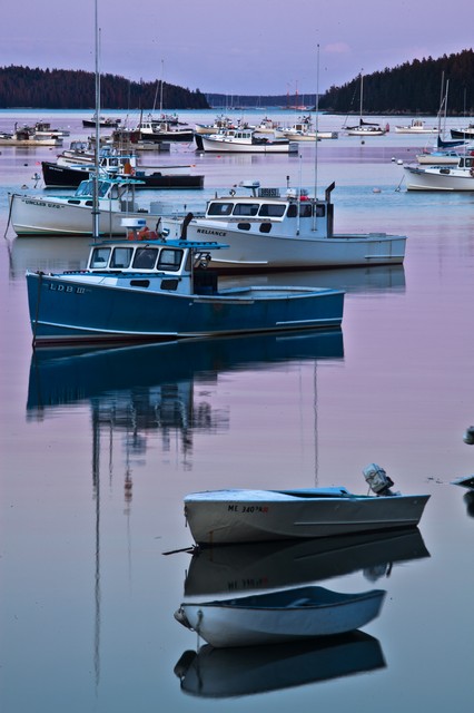 Boats in harbor at dusk (#1, vertical), Stonington, Maine Coast