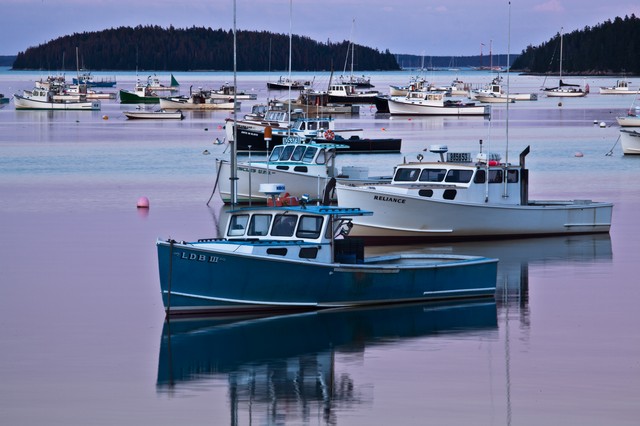 Boats in harbor at dusk (#2, horizontal), Stonington, Maine Coast