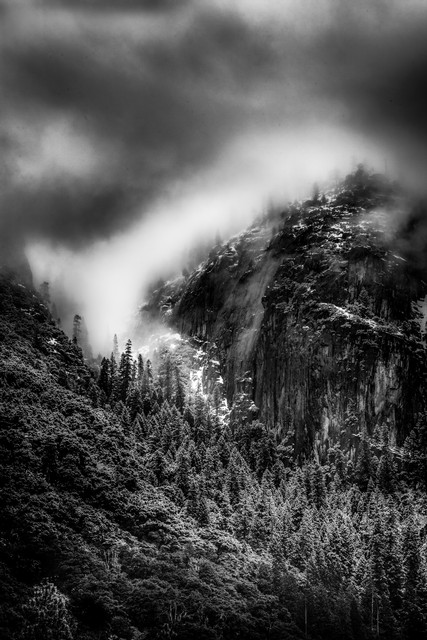 Clouds creep down a canyon, Yosemite National Park, California