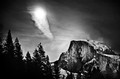 Moon over Half Dome (#3, black and white, horizontal), Yosemite National Park, California