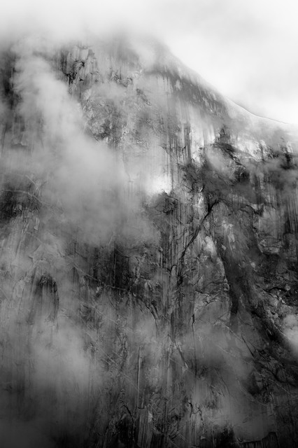 Clouds veil the face of El Capitan, Yosemite National Park, California