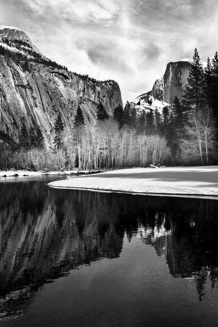 Merced River with trees and snow, Yosemite National Park, California
