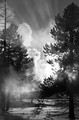Sun setting behind Castle Geyser (black and white, #2), Yellowstone National Park, Wyoming