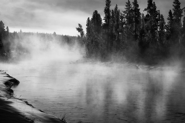 Mist rising on Firehole River, Yellowstone National Park, Wyoming
