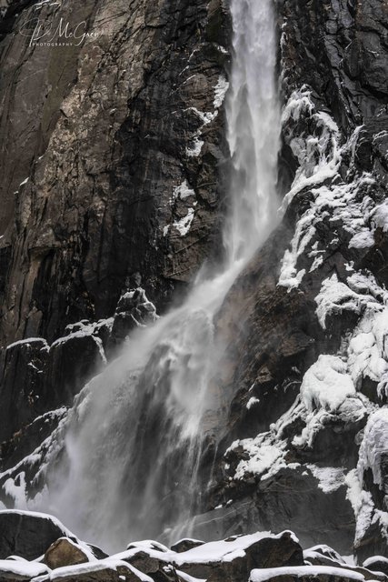 Yosemite Waterfall Crashing Onto Snow Covered Boulders #3, vertical