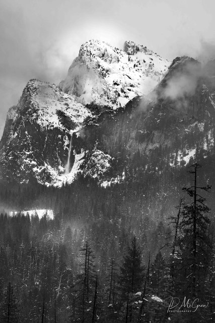 Bridalveil Falls and Cathedral Spires from Tunnel View, Yosemite