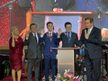 SILVAR President Jim Hamilton administers the oath of office to 2023-2024 CAREA President Mark Zhang and executive officers Jason Wang, vice president; Anna Lisa Truong Lopez, secretary; Genzo Sekine, treasurer.