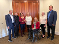Past chairs of the Los Gatos-Saratoga District stand by as Tammie Peters passes on the gavel to 2024 chair Navneet Parmar. They include Dave Tonna, Alan Barbic, Karen Trolan, Suzanne Yost and Jim Hamilton.