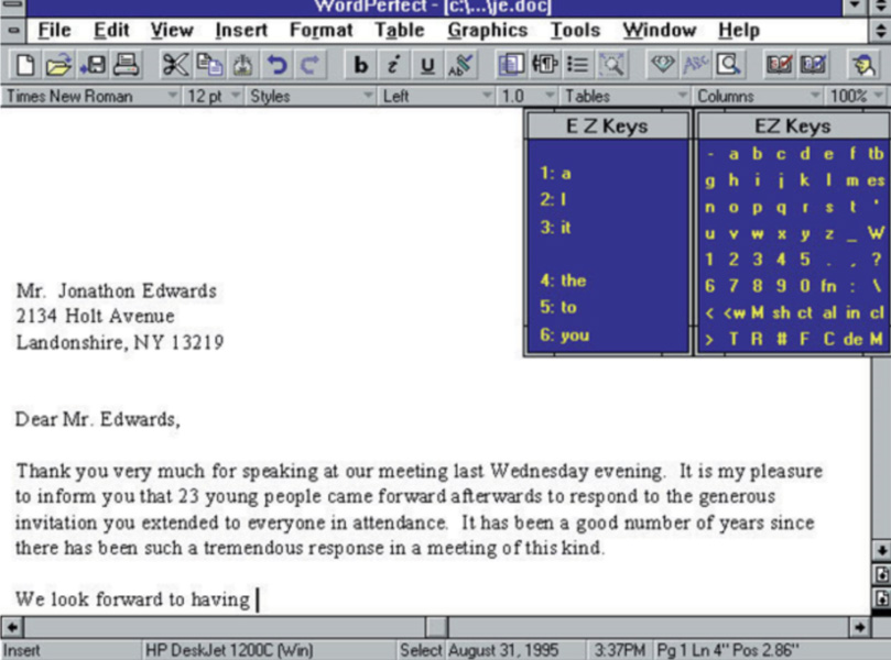 Screenshot of a word processor with EZ Keys interface that greg is referencing in response