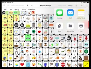 Speak For Yourself AAC app screen with pop-up window for sending messages via text or email.