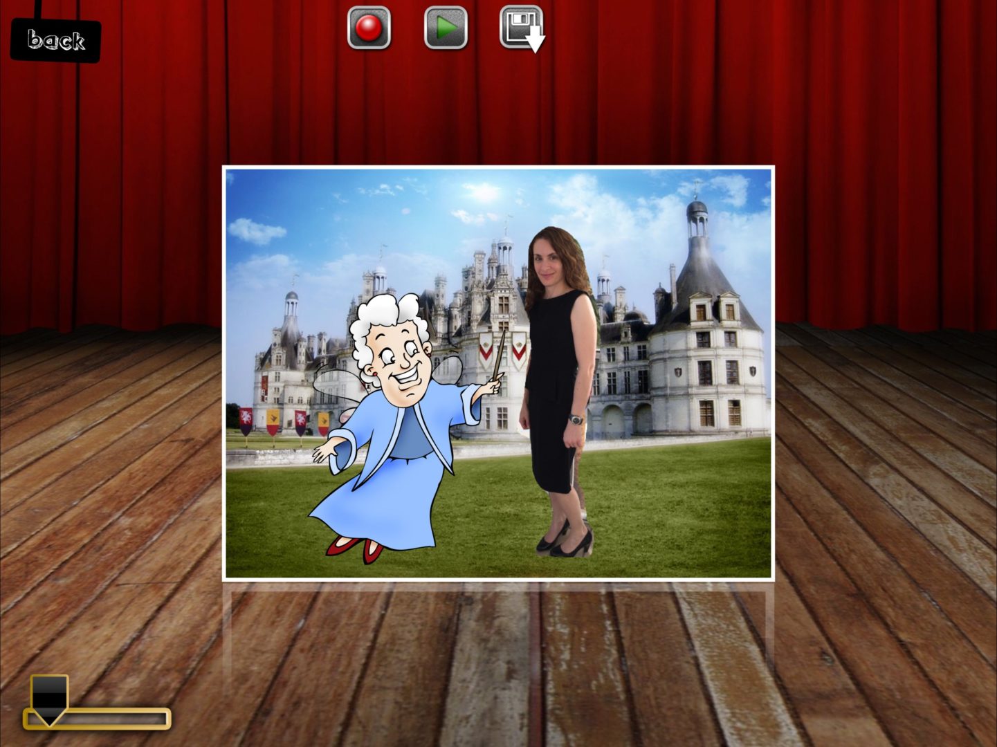 Screenshot from Puppet Pals app with full body cutout of Lauren in a dress on fairy tale background with cartoon fairy grandmother image with wand.