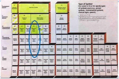 Figure 6: This shows how we may simply draw a circle around the communication function to promote using a new form (their new device). This image is reprinted with permission and is a representation of the printed version of the Communication Matrix (Rowland, 2004).