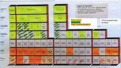 Figure 9: This Matrix kicked off a wonderful conversation with the team and family as the unaided and aided AAC tools and systems enhanced his communication in different ways with different partners. The "P" indicated in level VII are his pre-programmed messages, used strategically, so that the learner could be a more efficient communicator. This image is reprinted with permission and is a representation of the printed version of the Communication Matrix (Rowland, 2004).