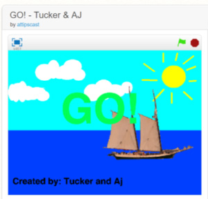 Screen shot of the game "go" in which there are clouds and sun in the sky and a sailboat on the water.