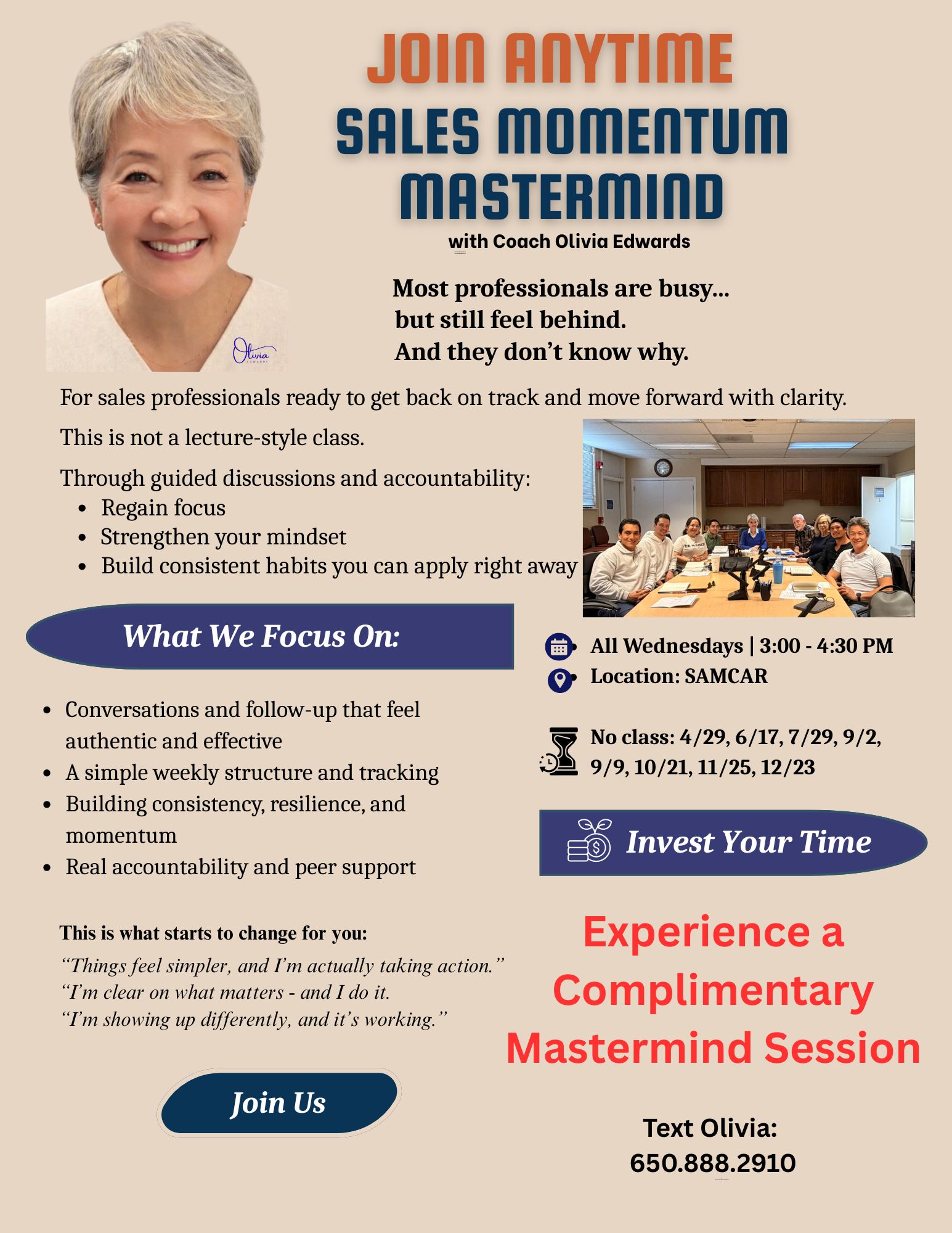 Flyer for The Sales Momentum Mastermind with coach Olivia Edwards